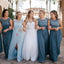 Charming Round Neckline Blue Chiffon Side Slit Long Cheap Bridesmaid Dresses, BDS0043