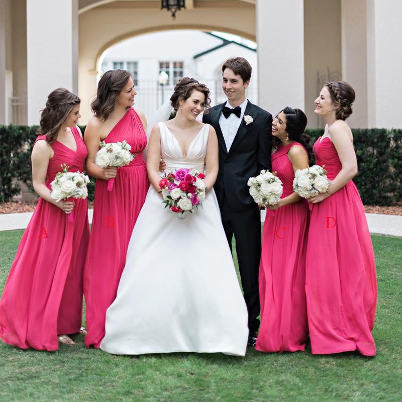 Mismatched Charming Simple Hot Pink Long Cheap Chiffon Bridesmaid Dresses, BDS0017