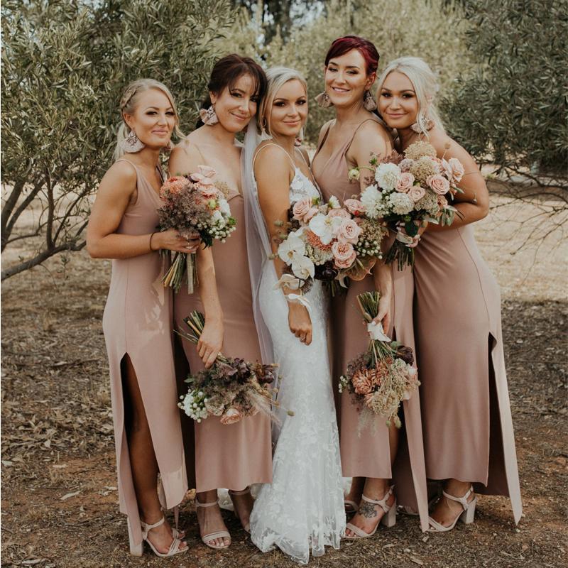 Simple V-neck Jersey Side Slit Long Cheap Bridesmaid Dresses, BDS0052