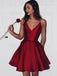 Simple Spaghetti Red Satin Short Prom Dresses, Homecoming Dresses, V-neck Prom Dresses, TYP0656