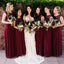 A-Line Round Neck Wine Chiffon Bridesmaid Dresses with Lace, TYP1368