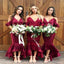 Red Off Shoulder Strap V-neck Long Mermaid Soft Satin Bridesmaid Dresses, TYP0677