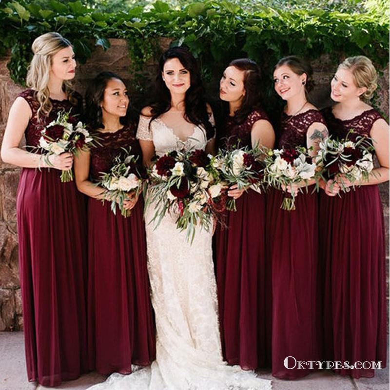 Elegant Sheath Round Neck Open Back Burgundy Lace Long Bridesmaid Dresses, TYP1779