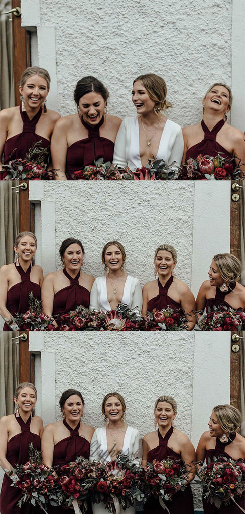 Sheath Halter Backless Wine Bridesmaid Dresses With Side Slit, TYP1555