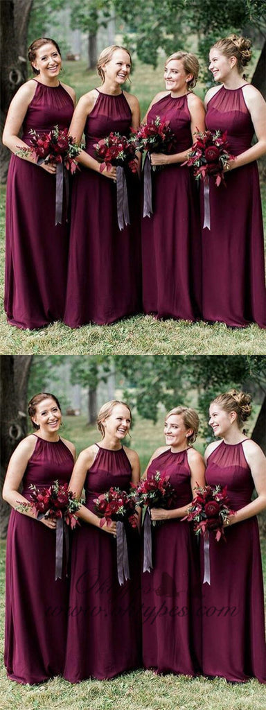 Plus Size Burgundy Long Cheap Chiffon Bridesmaid Dresses with Halter Neck, TYP1232