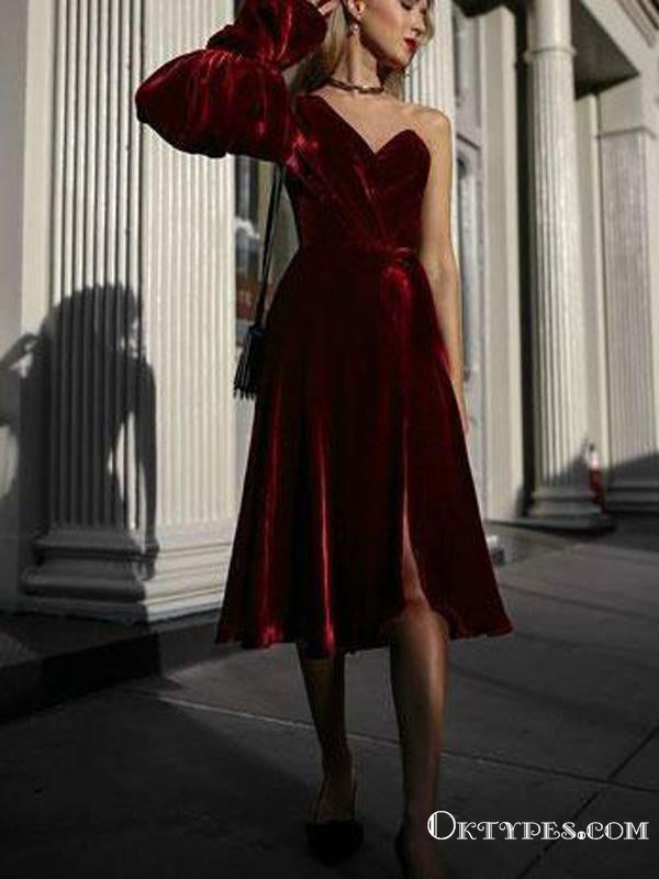 Single Length Burgundy One Shoulder Long Sleeve Homecoming Dresses, TYP1970