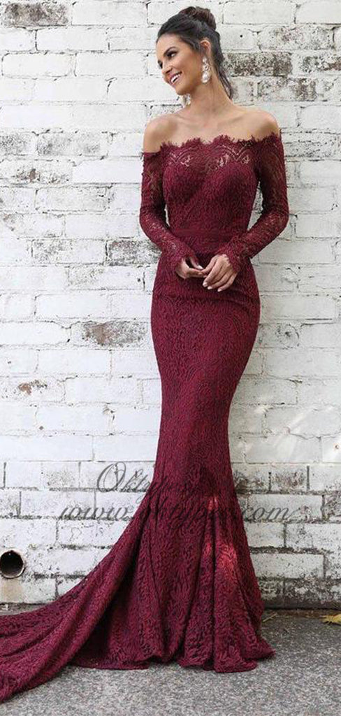 Maroon Long Sleeve Lace Mermaid Off-the-shoulder Prom Dresses, TYP1454