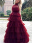 Newest Burgundy Halter Tulle long cheap Cake Prom Dresses, TYP1424