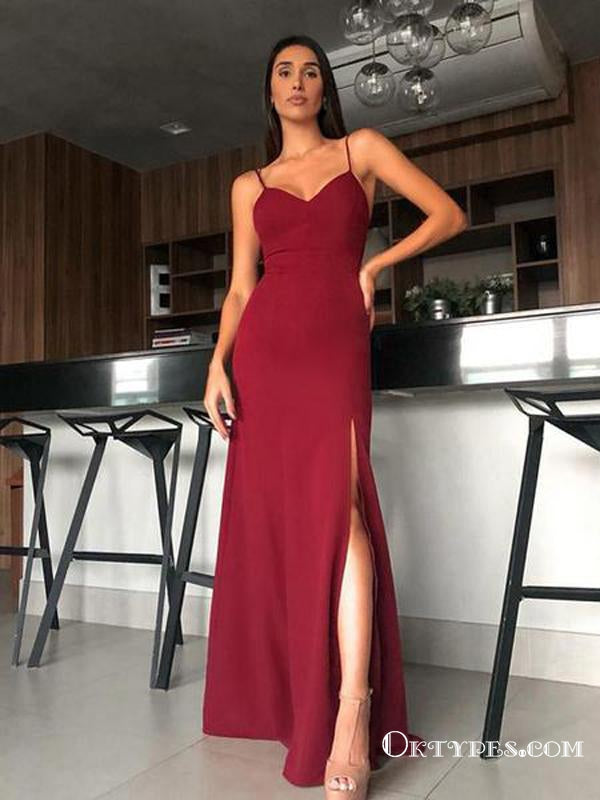 Simple Sheath Sweetheart Cross Back Burgundy Split Long Prom Dresses, TYP1739