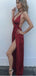 A-Line V-Neck Criss-Cross Back Blush Elastic Satin Prom Dresses with Split, TYP1284