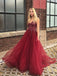 Burgundy V-neck Beading Bodice Long Tulle Prom Dresses, TYP1603