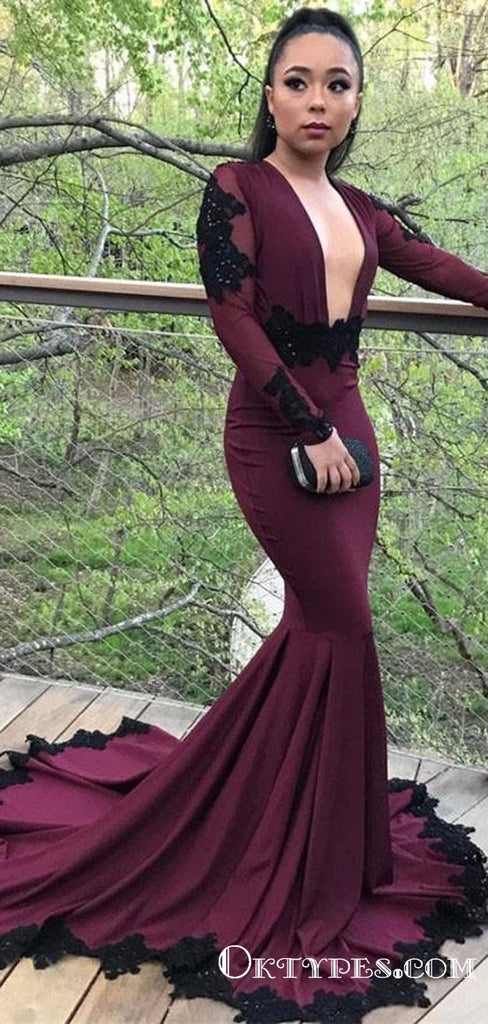 Mermaid Burgundy Long Sleeve Modest Cheap Long Prom Dresses, TYP1915