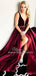 V-neck Dark Red Long A-line Beaded Organza Prom Dresses, TYP1574