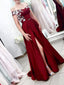 Burgundy Off Shoulder Floor Length Satin Prom Dresses with Split, TYP1606