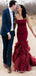 Mermaid Strapless Burgundy Satin Prom Dresses with Ruffles Beading, TYP1391