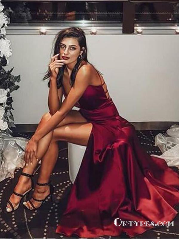 Simple V Neck Burgundy Satin Long Cheap Prom Dresses With Split, TYP1769