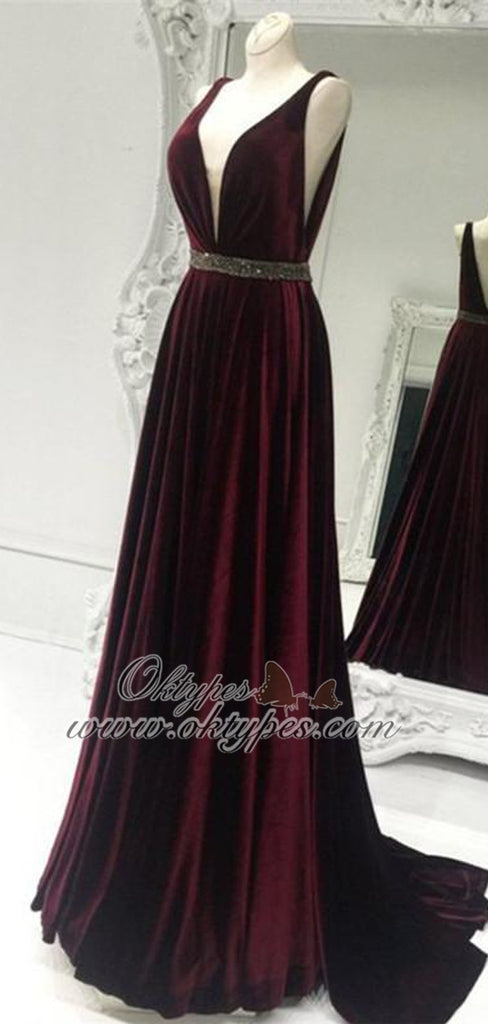 Elegant V-neck Velvet Long A-line Beaded Prom Dresses, TYP1573