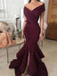 Unique Off Shoulder Burgundy Long Mermaid Prom Dresses, TYP1575