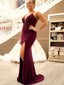 Burgundy Criss Cross Sheath Split Side Prom Dresses Evening Dress for Women, TYP1582