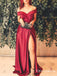 Simple Burgundy Off the Shoulder Slit-side  Long Cheap Prom Dresses, TYP1793