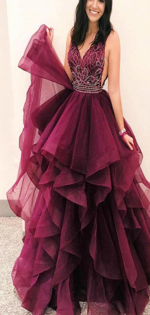 V-neck Beaded Long Prom Dresses, Popular Ball Gown, Prom Dresses, TYP1400