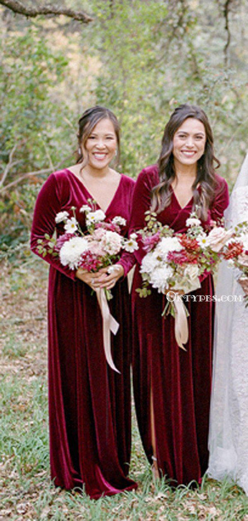 Mismatched Elegant Charming Burgundy Velvet Long Cheap Bridesmaid Dresses, BDS0019