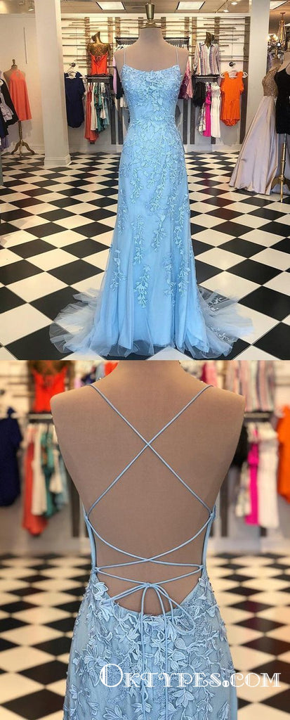 Spaghetti Strap Sky Blue Mermaid Prom Dresses Backless Pageant Formal Dresses, TYP1226