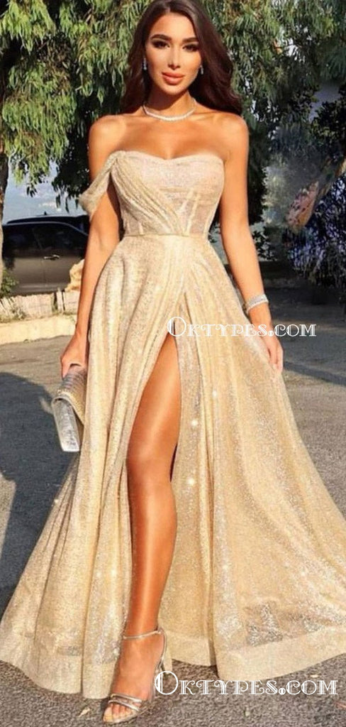 Sparkly Sweetheart One Shoulder Sleeveless A-line Long Cheap Sequin Formal Evening Prom Dresses, TYP2094