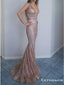 Mermaid V-Neck Backless Champagne Glitter Evening Prom Dresses, TYP1930