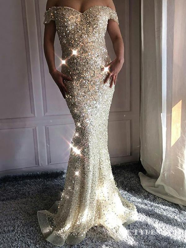 Mermaid Off The Shoulder Long Prom Dresses With Heavy Beaded, TYP1766