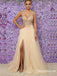 A-Line V-Neck  Champagne Beaded Long Cheap Prom Dresses With Slit, TYP1623