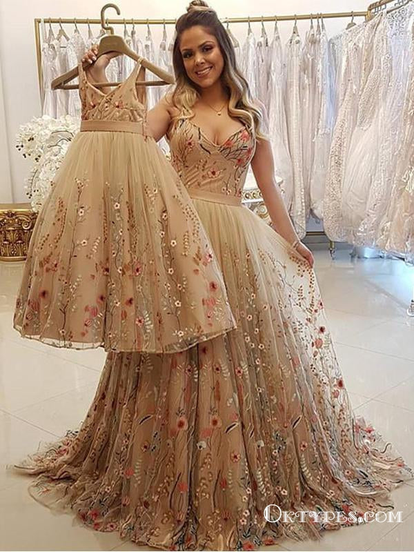 A Line Spaghetti Straps Champagne Prom Dresses With Appliques, TYP1821