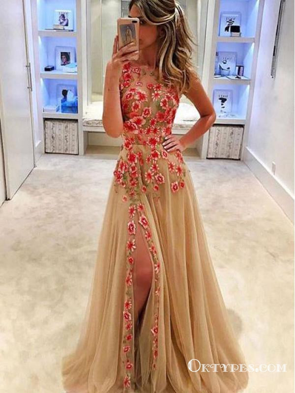 A-Line Jewel Champagne Tulle Prom Dresses with Appliques Split-Side, TYP1887