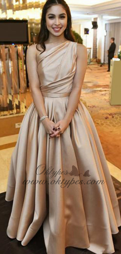 Elegant One Shoulder Champagne Long Cheap Satin Prom Dresses, TYP1591