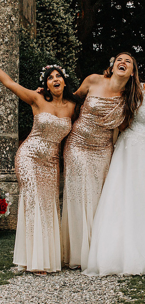 Mismatched Champagne Sequin Mermaid Long Cheap Bridesmaid Dresses, BDS0107