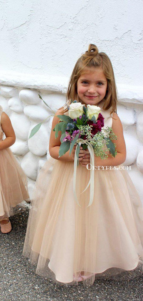 Charming Champagne Tulle Round Neck Ball Gown Long Cheap Flower Girl Dresses, FGS0005