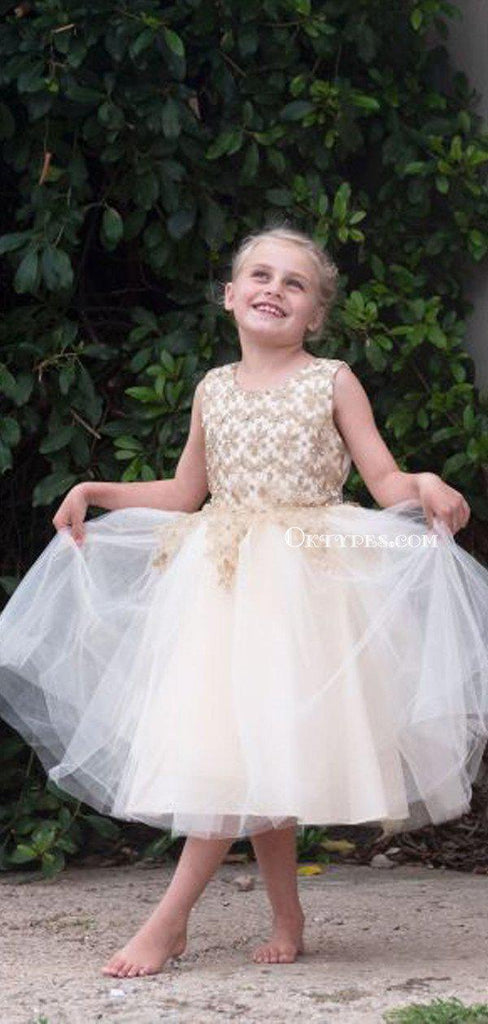 Popular Round Neck Champagne Appliqued Tulle Long Cheap Flower Girl Dresses, FGS0007