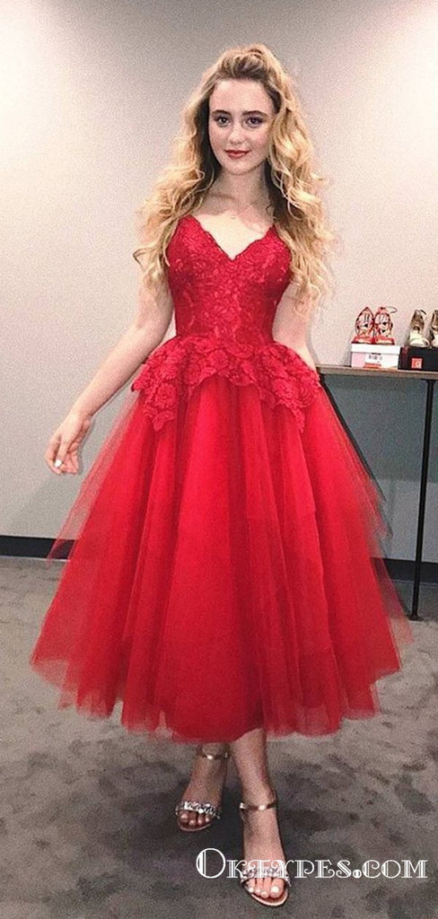 A Line V Neck Knee Length Lace Red  Formal Homecoming Dresses, TYP1967