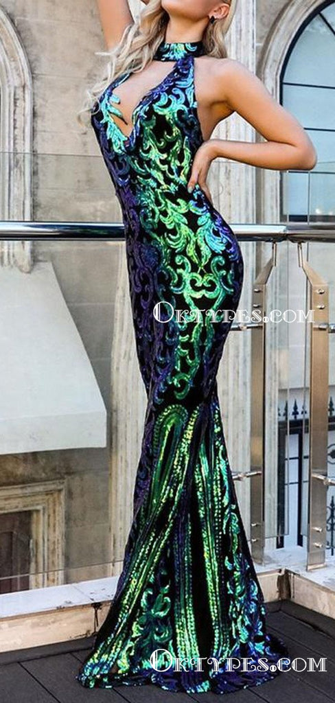 Sexy Halter Open Chest Sleeveless Sparkly Green Sequin Long Cheap Mermaid Evening Prom Dresses, TYP2102