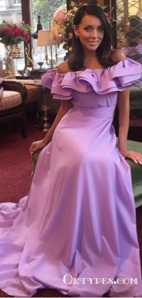 A-Line Off the Shoulder Lilac Long Prom Dresses with Ruffles, TYP1636