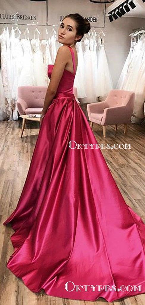 Newest Charming A-Line Double Straps Pink Satin Split Long Evening Prom Dresses with Pockets, PDS0039