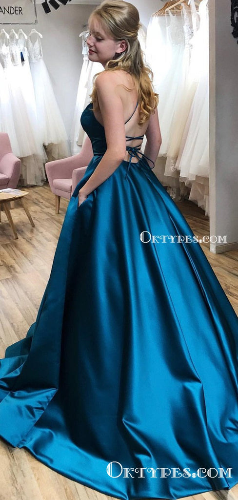 Newest A-Line Chic Scoop Criss Cross Straps Long Simple Long Cheap Satin Prom Dresses with Pockets, PDS0031