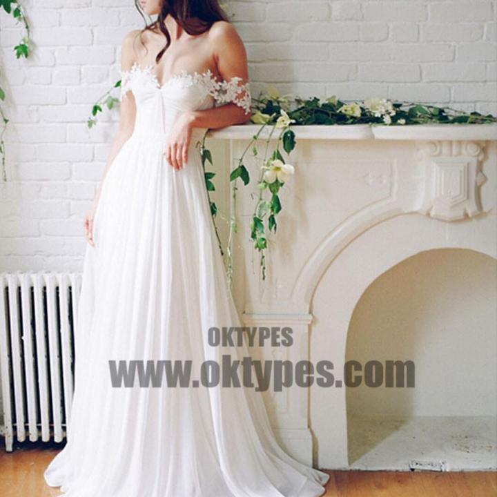 Popular Off Shoulder Long A-line White Chiffon Sexy Lace Wedding Dresses, TYP0605