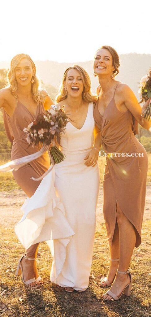 Charming Spaghetti Straps V-neck Side Slit Long Cheap Bridesmaid Dresses, BDS0056