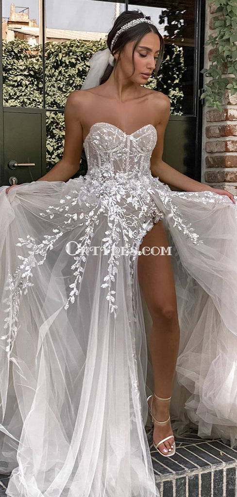 Sweetheart Sleeveless Lace Appliqued Side Slit Long Cheap Wedding Dresses, WDS0065