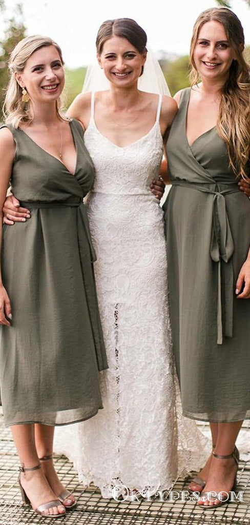 A-Line V-Neck Tea-Length Green Chiffon Bridesmaid Dresses with Sash, TYP1971