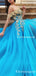 Charming Off-The-Shoulder Blue Tulle Gold Appliqued High Side Slit A-line Long Cheap Prom Dresses, PDS0029