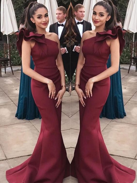 Gorgeous Burgundy One Shoulder Mermaid Long Evening Prom Dresses, TYP1383