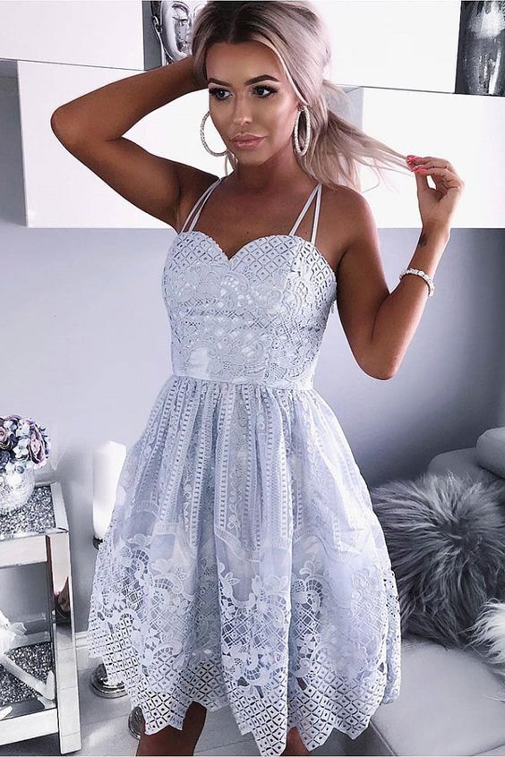 Pretty Spaghetti Straps Short cheap Blue Lace Homecoming Dresses, TYP1042