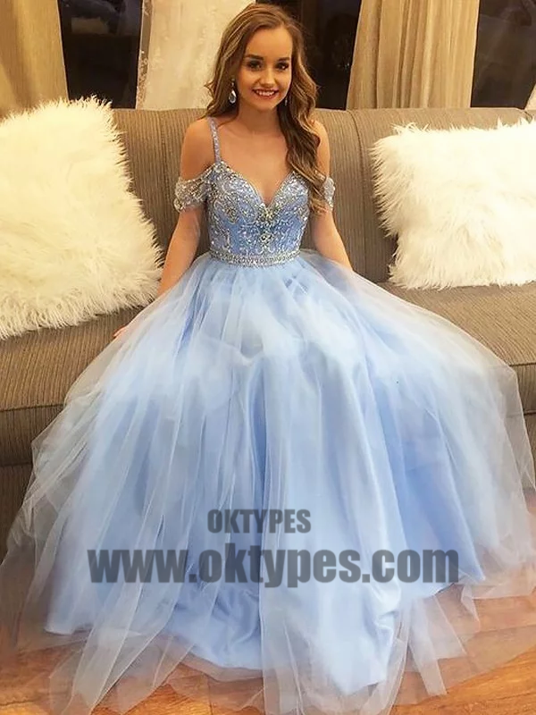 Long Floor Length Tulle Prom Dresses, Off-shoulder Prom Dresses, Beading Prom Dresses, TYP0339